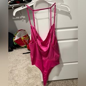 hot pink satin bodysuit